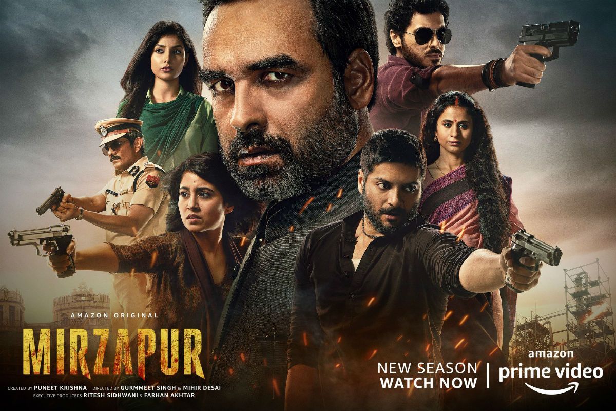 Guddu Pandit and Golu planning revenge in Mirzapur Season 2. , Kaleen Bhaiya showing power in Mirzapur Season 2. , Tense confrontation scene from Mirzapur Season 2 , Main cast lineup from Mirzapur Season 2 , Dark alley scene reflecting the gritty tone of Mirzapur Season 2 , Close-up of a character showing intense emotions in Mirzapur Season 2