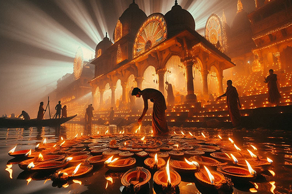 Diwali in Uttar Pradesh is marked by grand celebrations, especially in Ayodhya and Varanasi. This image captures millions of diyas lighting the banks of the Saryu River in Ayodhya, with crowds witnessing vibrant processions and cultural performances. In Varanasi, the Ganga Aarti illuminates the river with oil lamps and fireworks, reflecting beautifully on the water, creating a mesmerizing, festive ambiance.