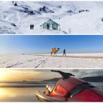 A diverse showcase of winter destinations in India, featuring Manali’s snow-covered mountains and frosty pine forests, Goa’s sunlit beaches with golden sands and vibrant shacks, Jaipur’s majestic Amber Fort under clear blue skies, Auli’s pristine snowy slopes with skiers and Himalayan peaks, and the vast white salt desert of the Rann of Kutch illuminated under a moonlit sky during the Rann Utsav.