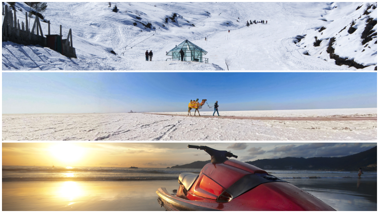 A diverse showcase of winter destinations in India, featuring Manali’s snow-covered mountains and frosty pine forests, Goa’s sunlit beaches with golden sands and vibrant shacks, Jaipur’s majestic Amber Fort under clear blue skies, Auli’s pristine snowy slopes with skiers and Himalayan peaks, and the vast white salt desert of the Rann of Kutch illuminated under a moonlit sky during the Rann Utsav.