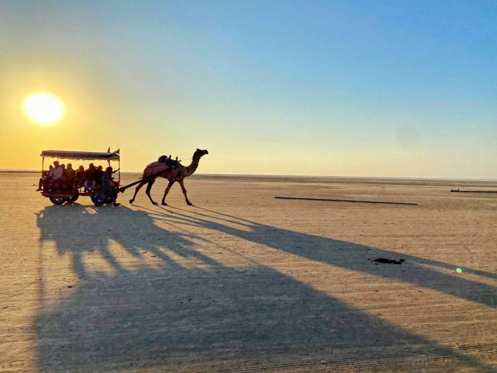 A mesmerizing view of the Rann of Kutch, Gujarat, during winter, showcasing its vast expanse of shimmering white salt desert under a moonlit sky. Traditional Kutchi tents and cultural festivities, including folk dances, music, and vibrant handicrafts, add life to the surreal and serene landscape.