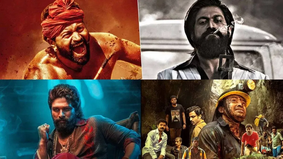 A vibrant depiction of South Indian cinema, showcasing iconic movie reels, renowned actors, and a colorful representation of the rich storytelling tradition and cultural essence highlighted in the Bon Voyage blog